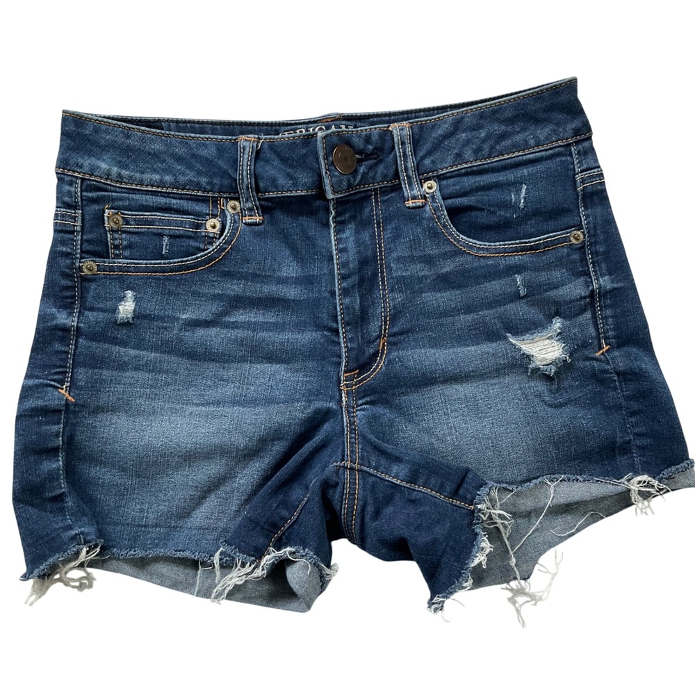 American Eagle Super Stretch Dark Wash Distressed Cut Off Denim Shorts Sz 8 Boho